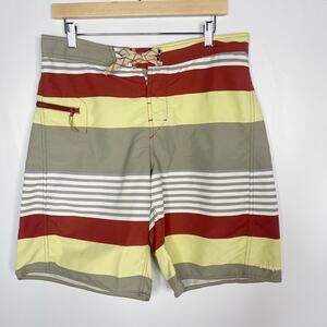 Patagonia Mens 33 Yellow Orange Striped Wavefarer Board Shorts Bathing Swim Suit
